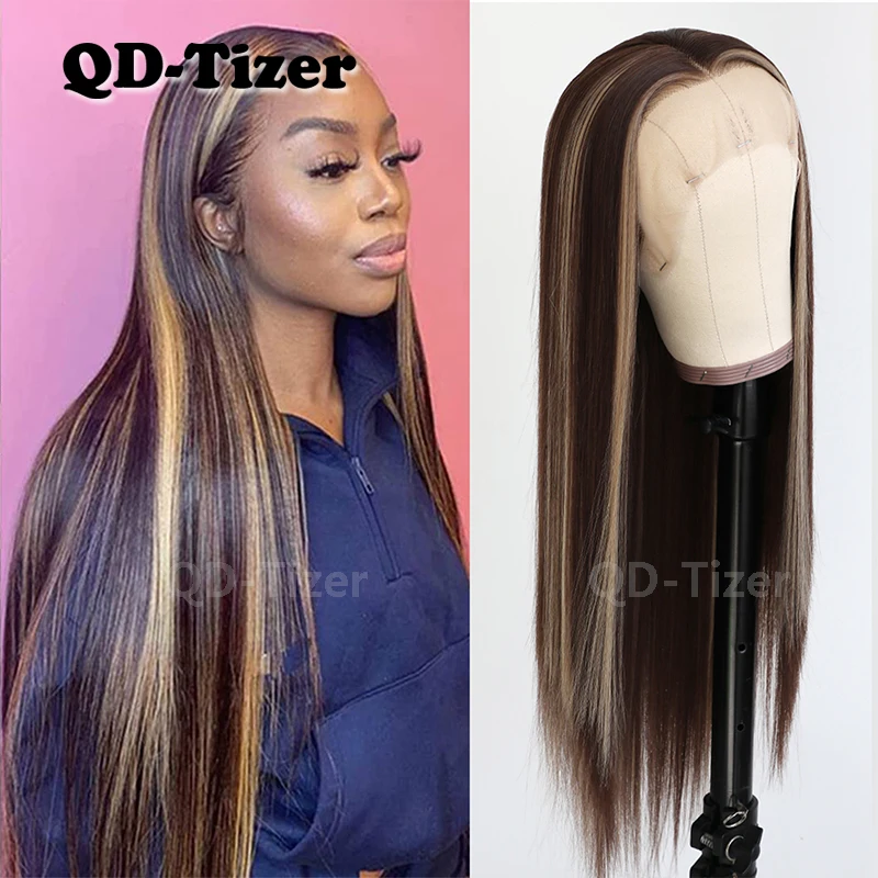 QD-Tizer Long Straight Highlight Synthetic Lace Front Wig  Brown Mixed Blonde Glueless Lace Front Wigs