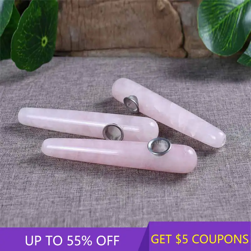 

AAA Natural Pink Rose Quartz Massage Stick Wand Smoking Pipe Healing Crystal Point Obelisk Mineral Rock Stone Pipes W/ Carb Hole