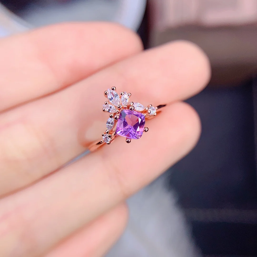 

Fashionable Style Crown Promise Ring Natural Amethyst Curved Ring Sterling Silver Engagment Women Rings
