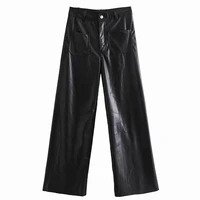 jennydave england style simple fashion pockets high waist leather pant wide leg pants trousers women pu leather pants women