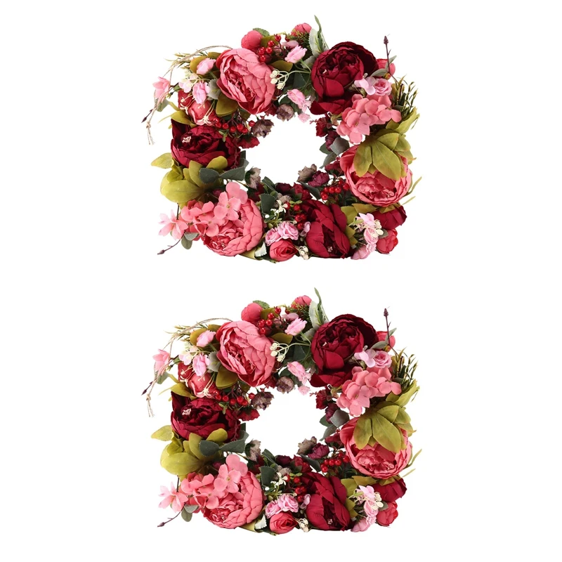 

2Pcs 16 Inch Peony Wreath Artificial Flower Door Wreath With Green Leaves Spring Wreath(Deepred)