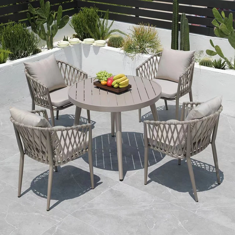 5-piece Patio Woven rope furniture dining set Balcony poolside chat set table and chairs with cushions