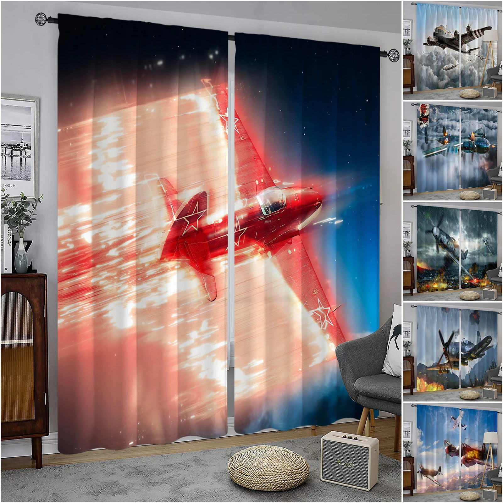 

Fighter Planes 3D Digital Printing Bedroom Living Room Semi Blackout Curtain 2 Panels