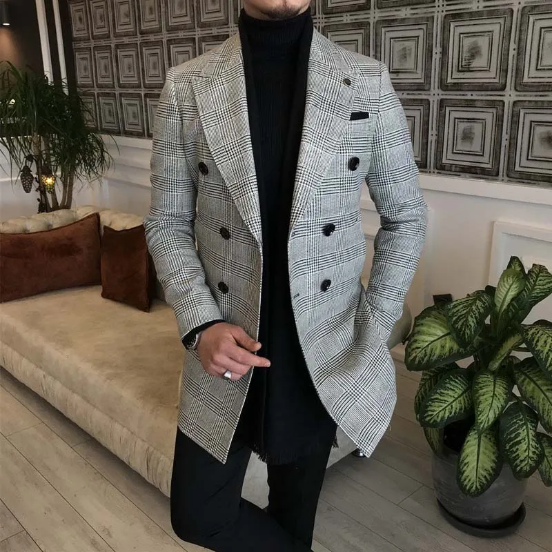 

Мужская осенне-зимняя куртка в клетку, двубортная шерстяная куртка на пуговицах с отложным воротником