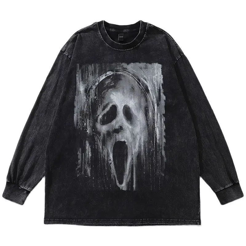 

Футболка мужская с длинным рукавом, стирка, в стиле хип-хоп, с иллюзией, призрак, принт в готическом стиле, уличная одежда, Повседневный хлопк...