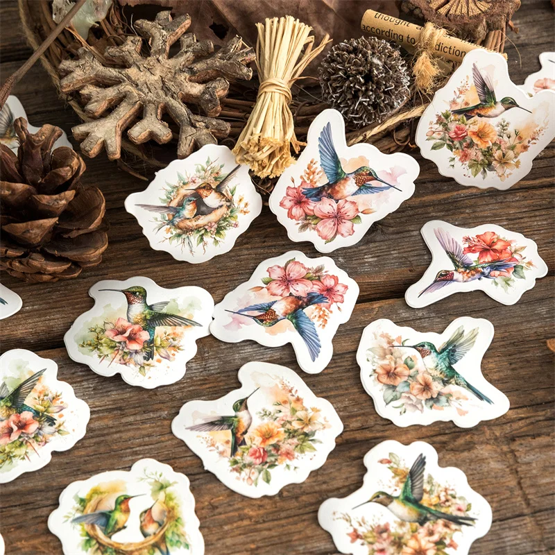 

45Pieces Mini Box Stickers Birds Flower Materials Supplies Materials Mountain Mist Package Decoration Scrapbooking 4CM