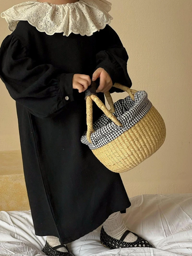 

MILANCEL New Autumn Kids Dress Children Lace Lapel Solid Color Dress Girls Outwear