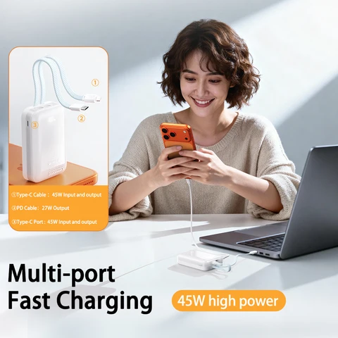 Портативный внешний аккумулятор емкостью 20000 мАч, 45 Вт, Type-C, сверхбыстрая зарядка, встроенные двойные зарядные кабели для iPhone 17 16, мобильного телефона Xiaomi