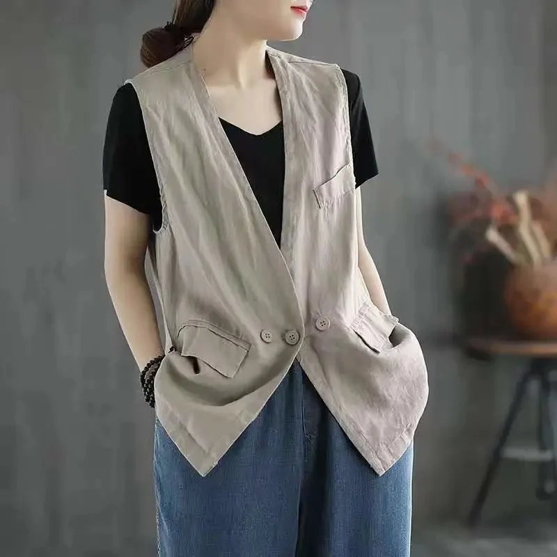 

Women Vest 2023 New Ladies Summer Loose Waistcoat Tie V-Neck Single Breasted Short Blazer Casual White Black Tops Outwear Female