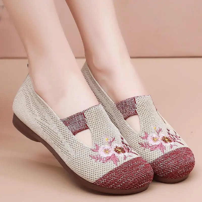Comfortable Knit Flats Women's Shoes 2023 New Slip On Sneakers Mom Driving Loafers Woman Breathable Flower Ultra Light Flat Shoe