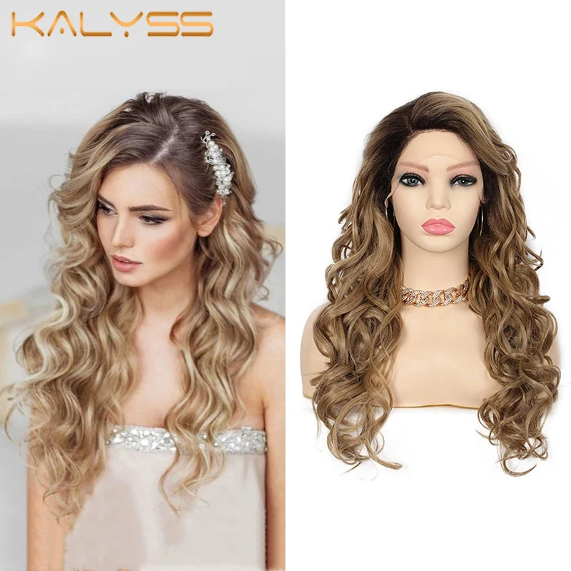 Kalyss Synthetic Lace Front Wigs 24 Inch Loose Wave Lace Frontal Wigs With Baby Hair Side Part Natural Curly Hair Wig For Women