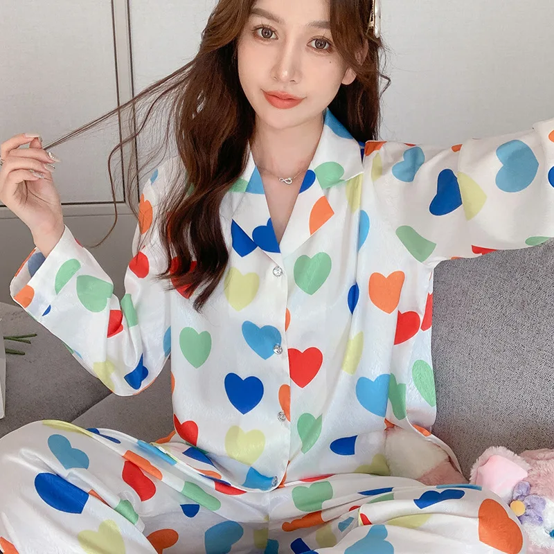 2023 New Fall Home Wear Ice Silk Pajamas Women's Jacquard Love Spring and Autumn Long Sleeve Trousers Two-Piece Suit