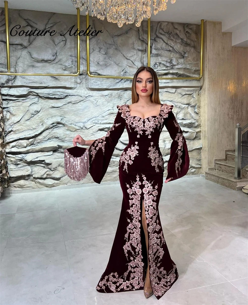 Burgundy Velvet Kaftan Evening Dresses Long Sleeve 2022 Party Gown Mermaid Formal Dress Middle East Wedding Gowns Slit Appliques