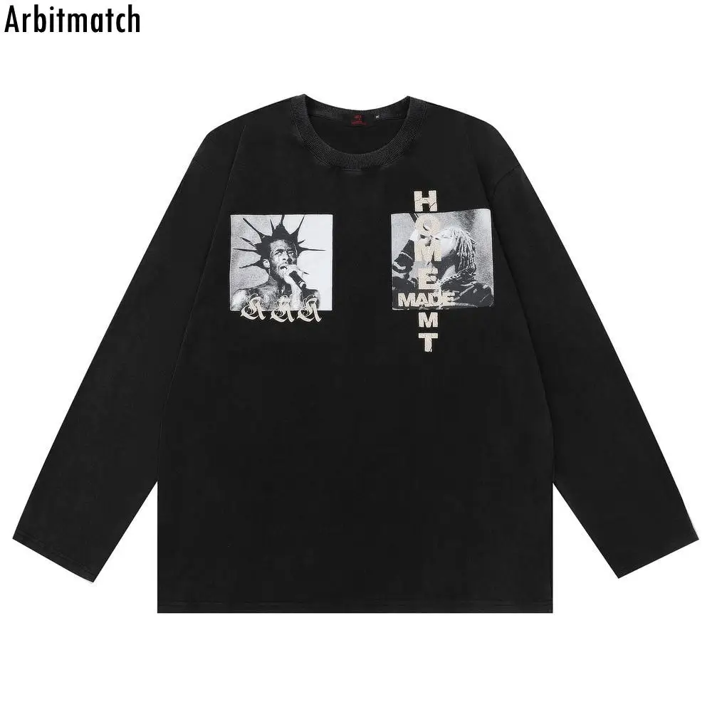 

Men T-Shirt Streetwear Distressed Washed Casual Tshirt Hip Hop Punk Goth Portrait Print Long Sleeve Vintage Harajuku T Shirts