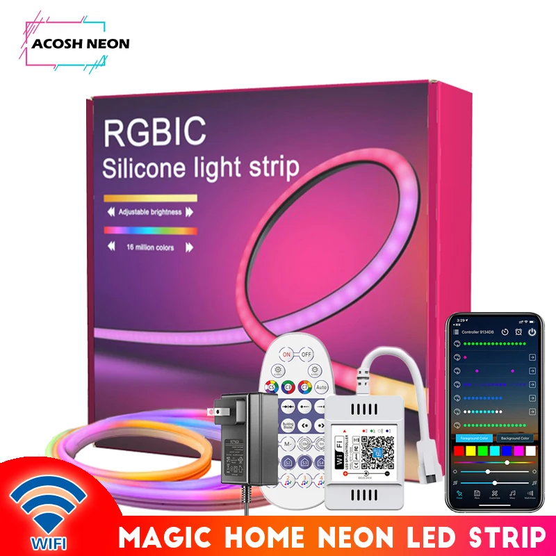 32.8ft 10M WIFI RGBIC Neon Rope Light 24V Magic Home LED Strip Lights with Music Sync Works with Alexa and Google Assistant