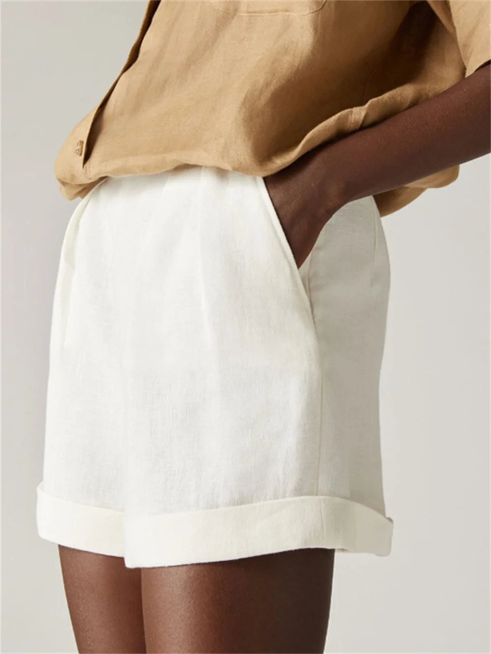 

Women High Waist A-Line Linen Shorts 2023 Summer New Fashion All-Match Loose Casual Ladies Solid Color Short Pants with Pockets