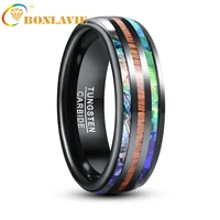 bonlavie 8mm tungsten carbide ring black opal abalone shell wood grain dome men ring bohemia engagement ring for mariage jewelry