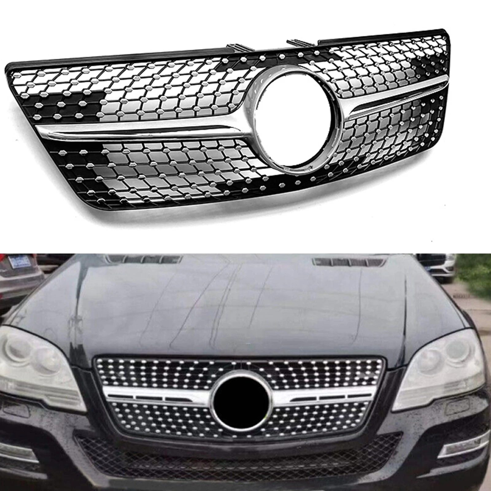 

Grills Front Grille For Mercedes Benz W164 ML Class 2009-2012 ML320 ML350 ML500 Silver Diamond Style Car Upper Bumper Hood Mesh