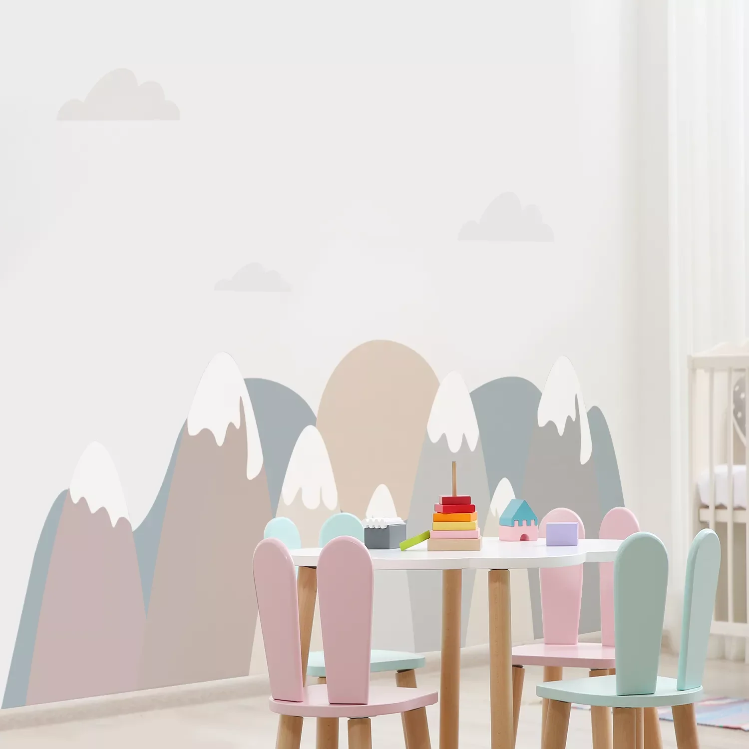 

Modern Abstract Light-colored Round Mountain Wall Stickers for Kids Room Baby Nursery Room Waterproof Self-adhesive Fabric Mural