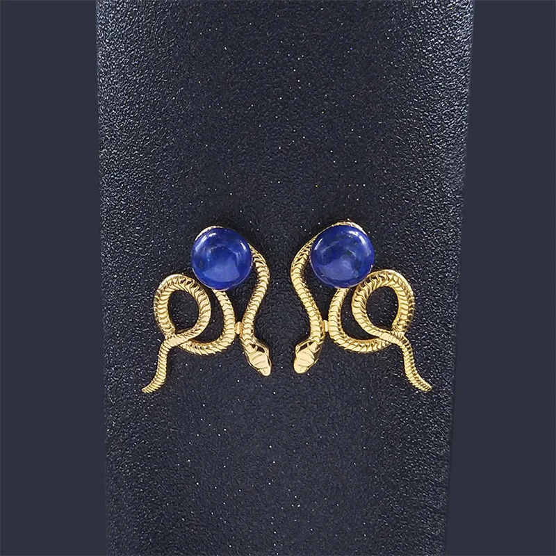 

Bohemia Stainless Steel Stud Earrings for Woman Gold Color Snake Lapis Lazuli Earrings Animal Jewelry boucle d'oreille E9303S04