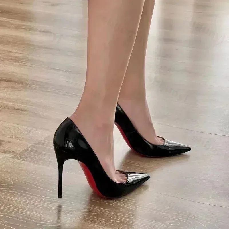 Black Patent Leather Pointed Toe Red Rubber Sole Women's High Heels Party Shoes Sexy Dress Stilettos 2025