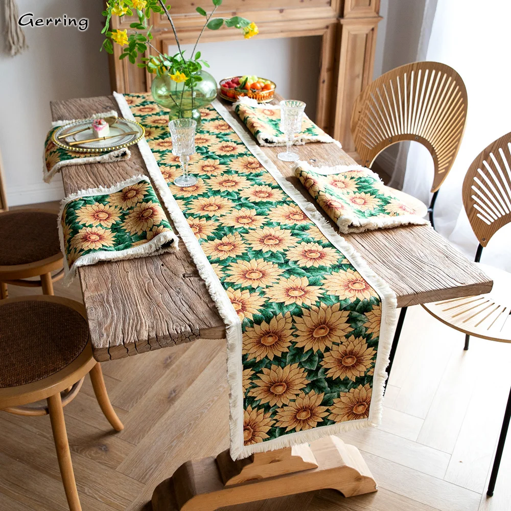 

Gerring Sunflower Yellow Table Runner Outdoor Halloween Table Flag Jacquard Round Tabl Mat Party Decoration Jute Holiday Cover