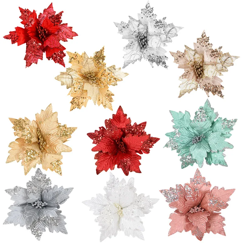 

1/2pcs Sequin Flannel Christmas Flower Artificial Glitter Flower Head Christmas Tree Garland Decoration Home Desktop Ornament