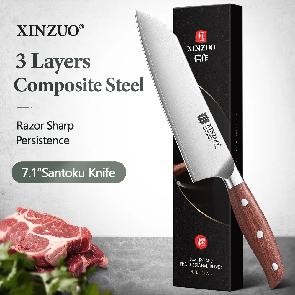Фото Нож XINZUO Santoku 7,1 дюйма с ручкой из высококачественной красной древесины, 3-слойная композитная сталь, нержавеющая сталь, твердость сердцевины 440C. №2