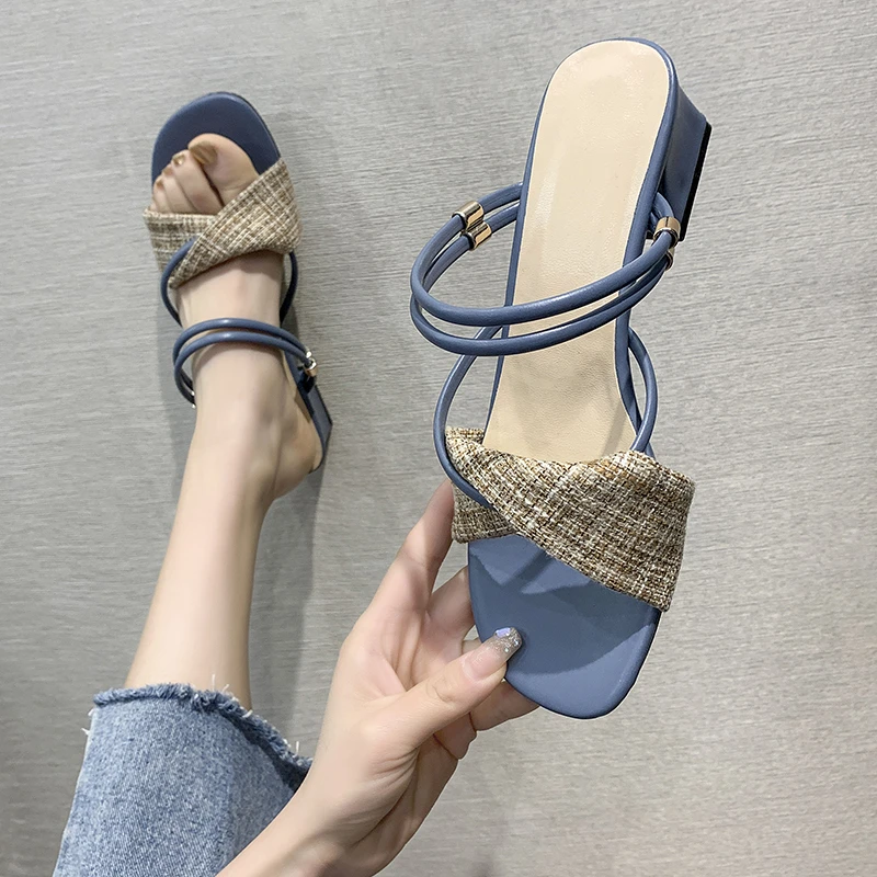 

Square Head Woman Sandals Summer Thick Heel Mixed Colors High Heels Fashion Two Wear Sandals and Slippers Women Open Toe Shoes