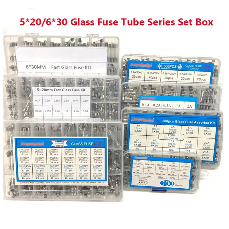 

5*20/6*30 Fast Glass Fuse Assorted kit Tube Fuses 5X20 6X30 Glass Fuse 0.1A-30A 300PCS/360PCS/240PCS/100PCS