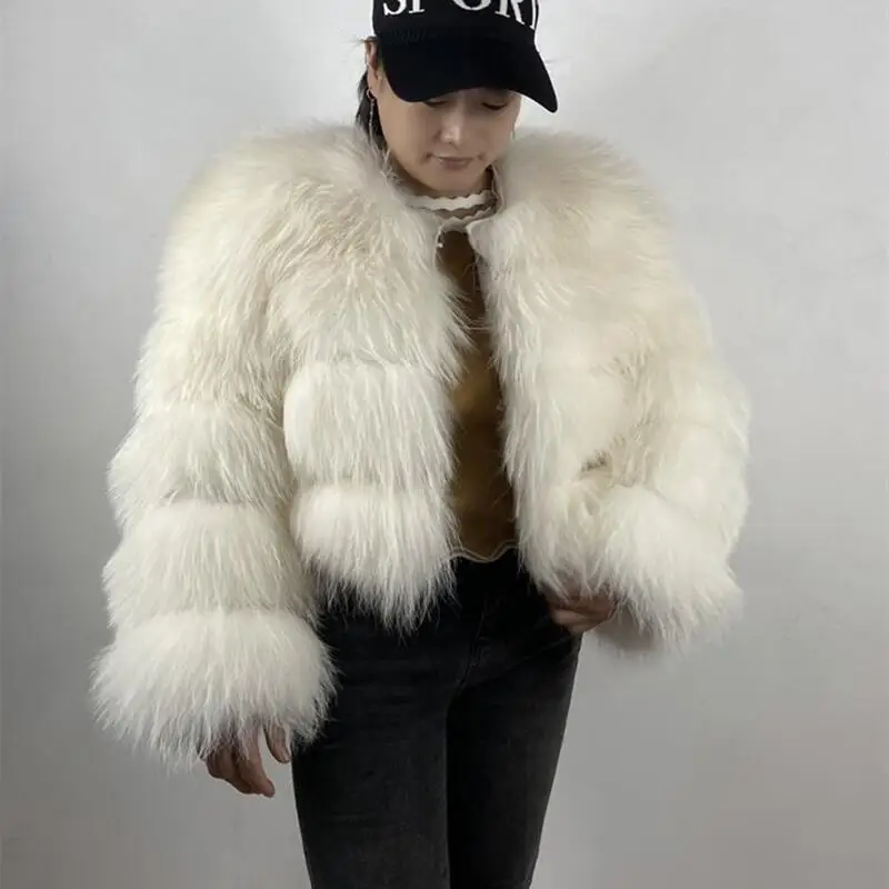 Real Raccoon Silver Fox Fur Fluffy Short Coat Women Winter Natural Round Neck Slim Jacket New Warm Thick Plus-Size Outerwear