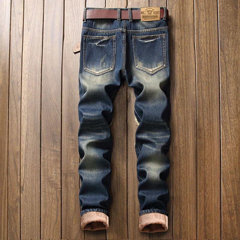 Winter Men Fleece Warm Jeans High Quality Straight Patch Beggar Hole Jean Trousers Regular Fit Thicken Flocking Warm Men's Pants