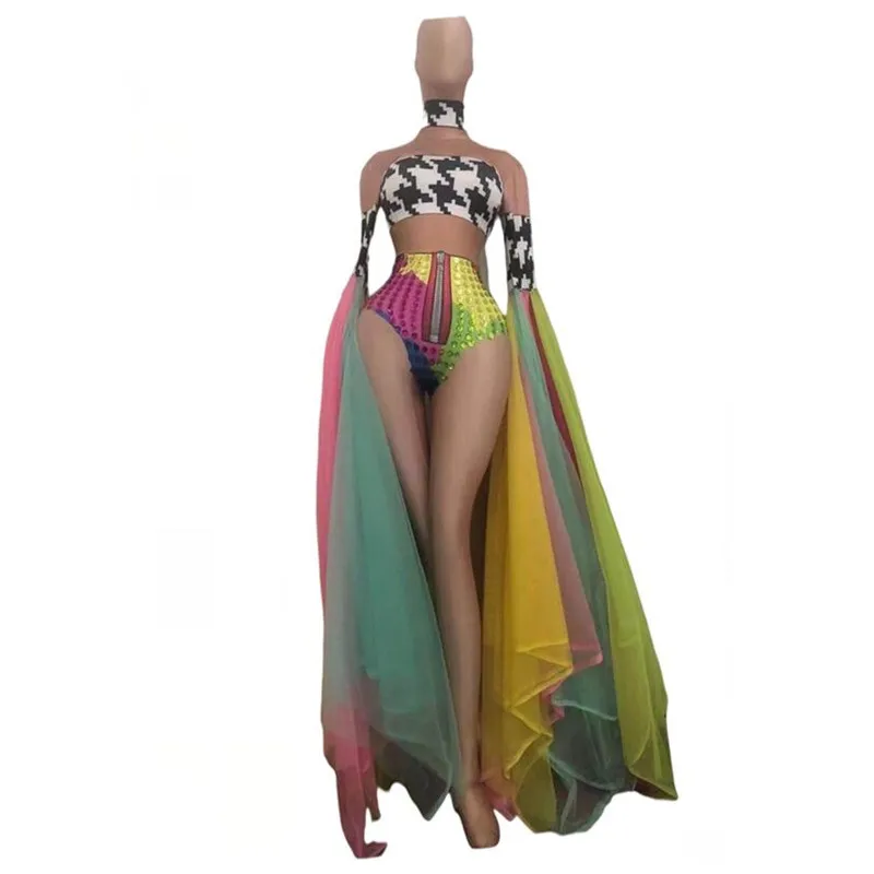 

Colorful Rhinestones Bodysuit Leggings Costume Female Singer Stage Wear Mash Skirt Dance WEAR Party Stretch Jumpsuit Outfit