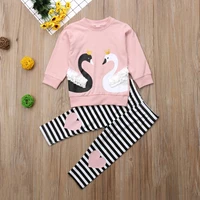 infant baby girls outfit set spring and autumn girls suit 2022 new autumn swan print top love stripe girls suit