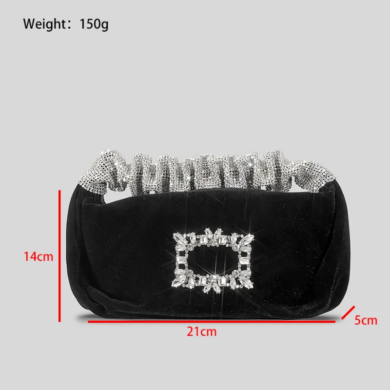Fashion Velour Rhinestone Evening Bag Ruched Diamonds Handle Women Handbags Luxury Party Small Hobos Party Purse Female Bag 2023
