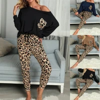 womens clothing 2022 autumn winter home leisure suit leopard print pocket t shirt pants two piece set