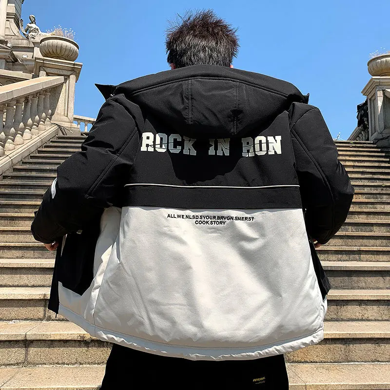Men's Fashion Stitching Colorblock Hooded Jacket Tide Brand Thick Cotton Warm Jacket Winter Clothes Mens Jackets and Coats