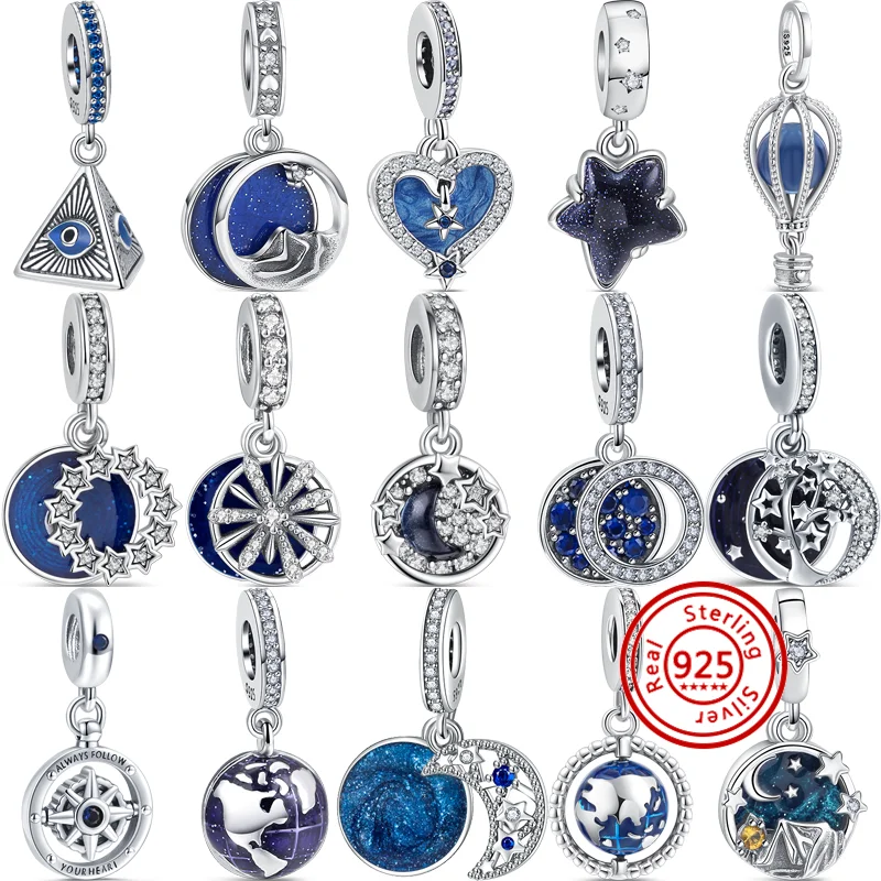 

Женский Серебряный Синий Циркон, снежинка, звезда, луна, земля, воздушный шар, блестящий подвесной Шарм, подходит для оригинального браслета Pandora, бусины, ювелирные изделия