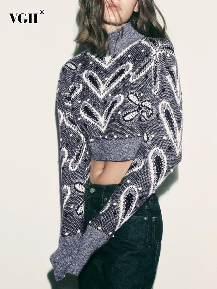 

VGH Slimming Printing Crop Sweaters For Women Stand Neck Long Sleeve Patchwork Pompom Hit Color Knitting Sweater Female Clothing