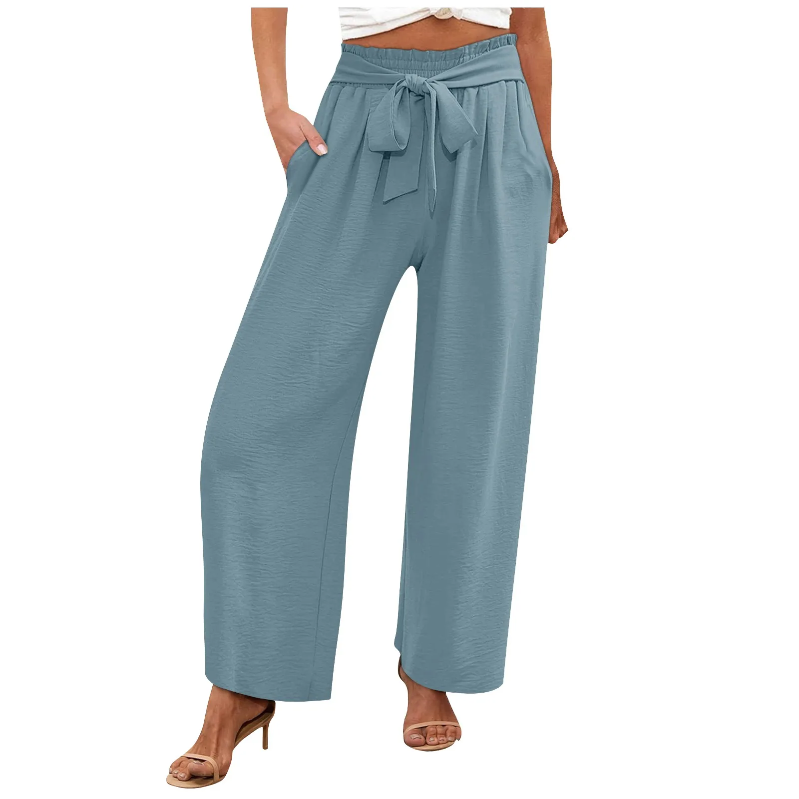 

Women's Wide Leg Pants With Pockets Lightweight High Waisted Adjustable Tie Knot Loose Trousers pantalones de mujer