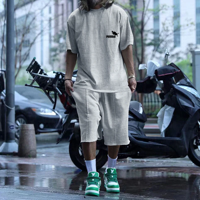 Summer Hot Sale Solid Color men's Street Trendy men's Casual Two-Piece Short-Sleeved T-shirt + Loose Shorts