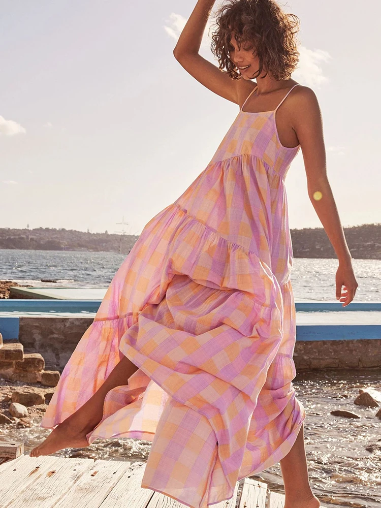 

Jastie Bohemian Sexy Holiday Plaid Print Straps Backless Summer Party Dress Women High Waist Slash Neck Female Beach Dresses