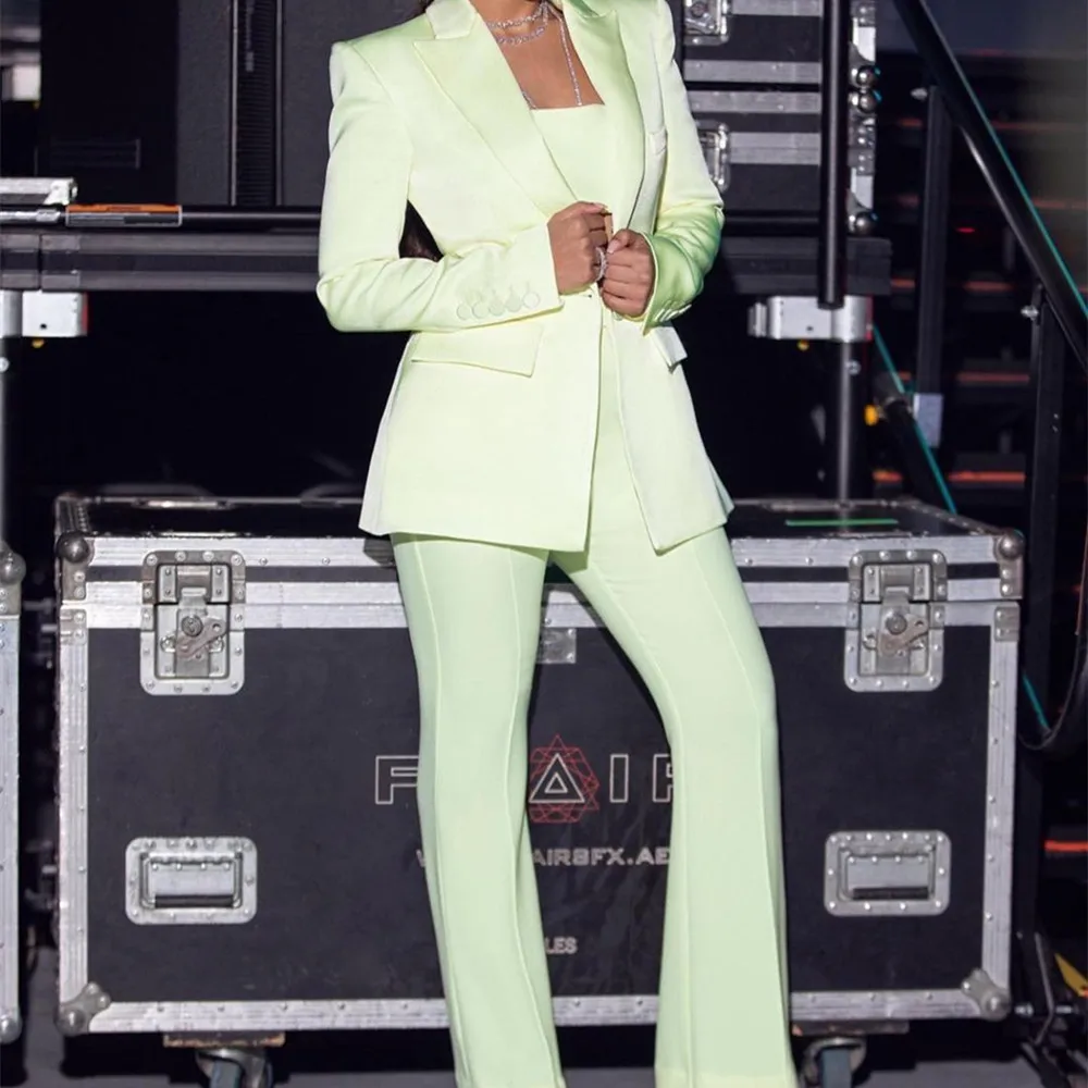 Light Green Women Blazer Suits 2 Pieces Peaked Lapel Pocket Jacket Flare Pants One Button Fashion Party Casual Set