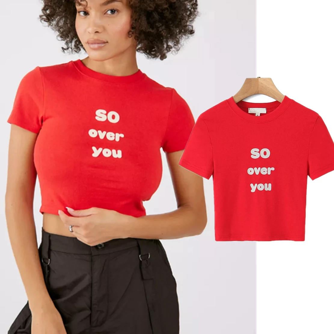 

Dave&Di Tshirt Women 2023 Summer Tshirts Red Color Letter Printing Crop Tops Rib Knitted Round Neck Short