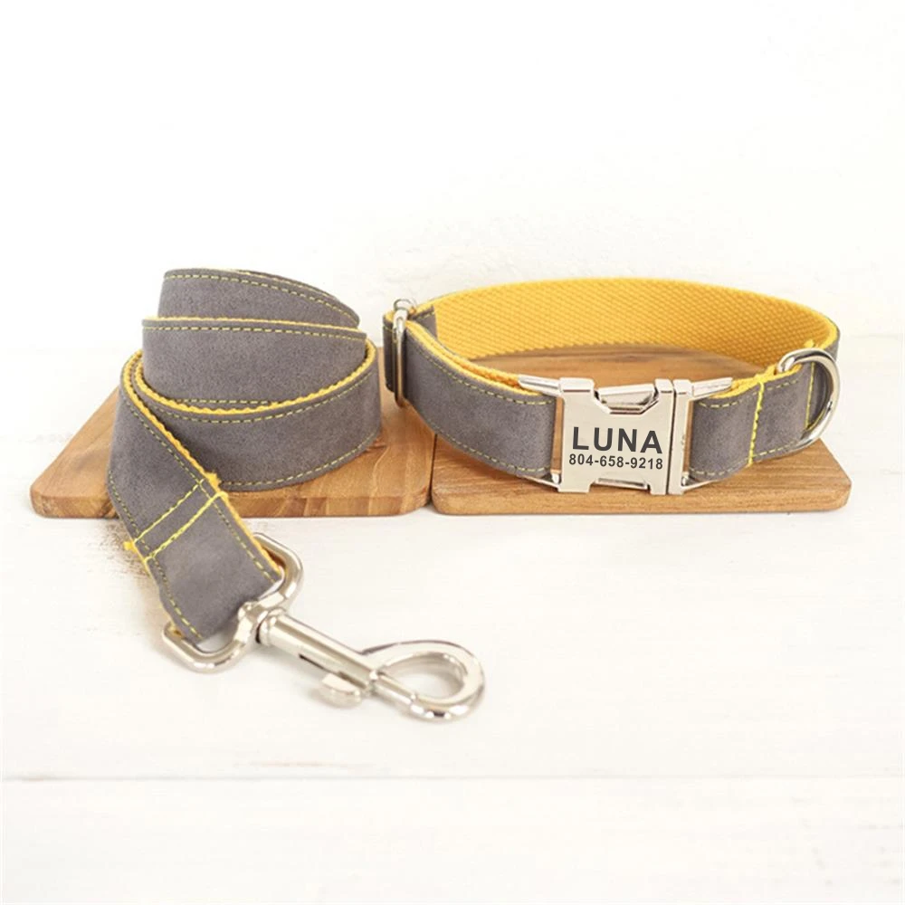 Personalized Pet Collar Customized Nameplate ID Tag Adjustable Yellow Grey Velvet Dog Basic Collars Lead Leash