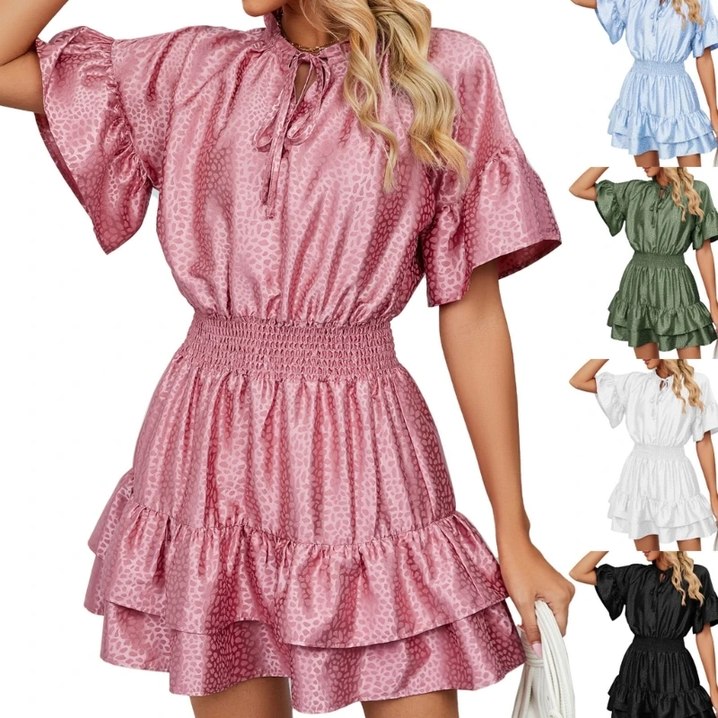 

Womens Tied V-Neck Shirred Waist Tiered Ruffle Hem Swing Mini Dress Flared Short Sleeve Solid Color Satin A-Line Dresses