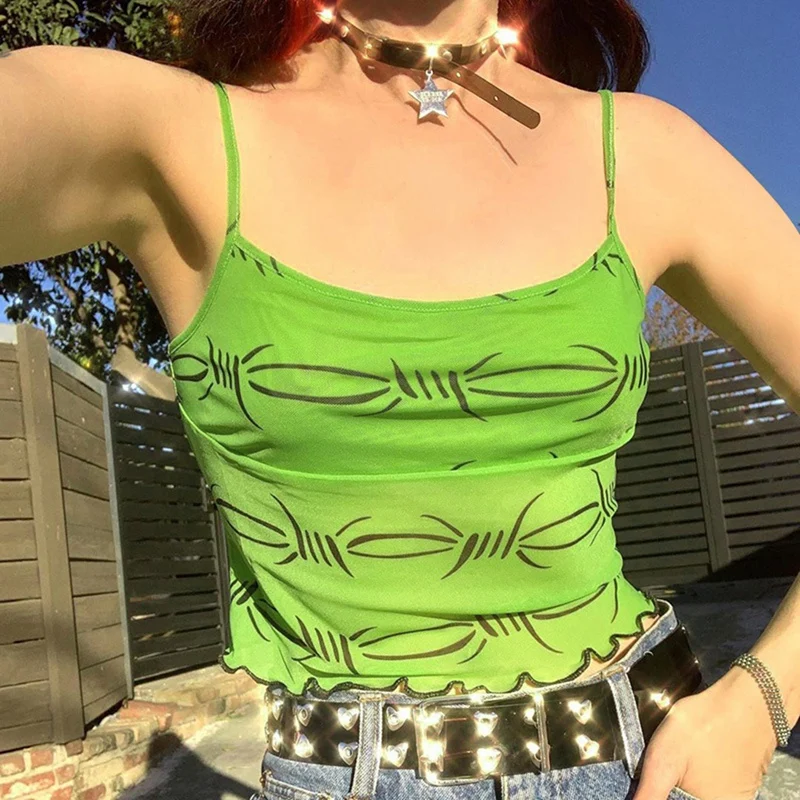 

Women's Sexy Ribbon Stitching V-Neck Printed Camisole Green