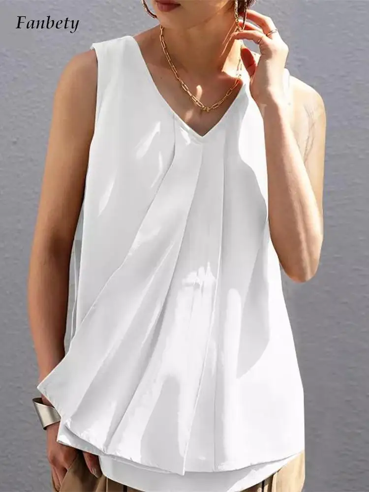 

Simple Women Tops Fashion V-Neck Irregular Pleated Design Blouse Summer Elegant Sleeveless Solid Tanks Female All-Match Blusas