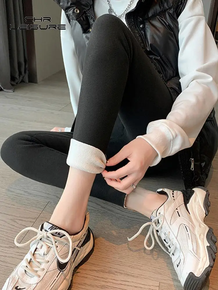 CHRLEISURE High Waist Warm Leggings Women Outer Wear Winter Thick Velvet Long Pants Embroidery Slimming Female Pencil Pants