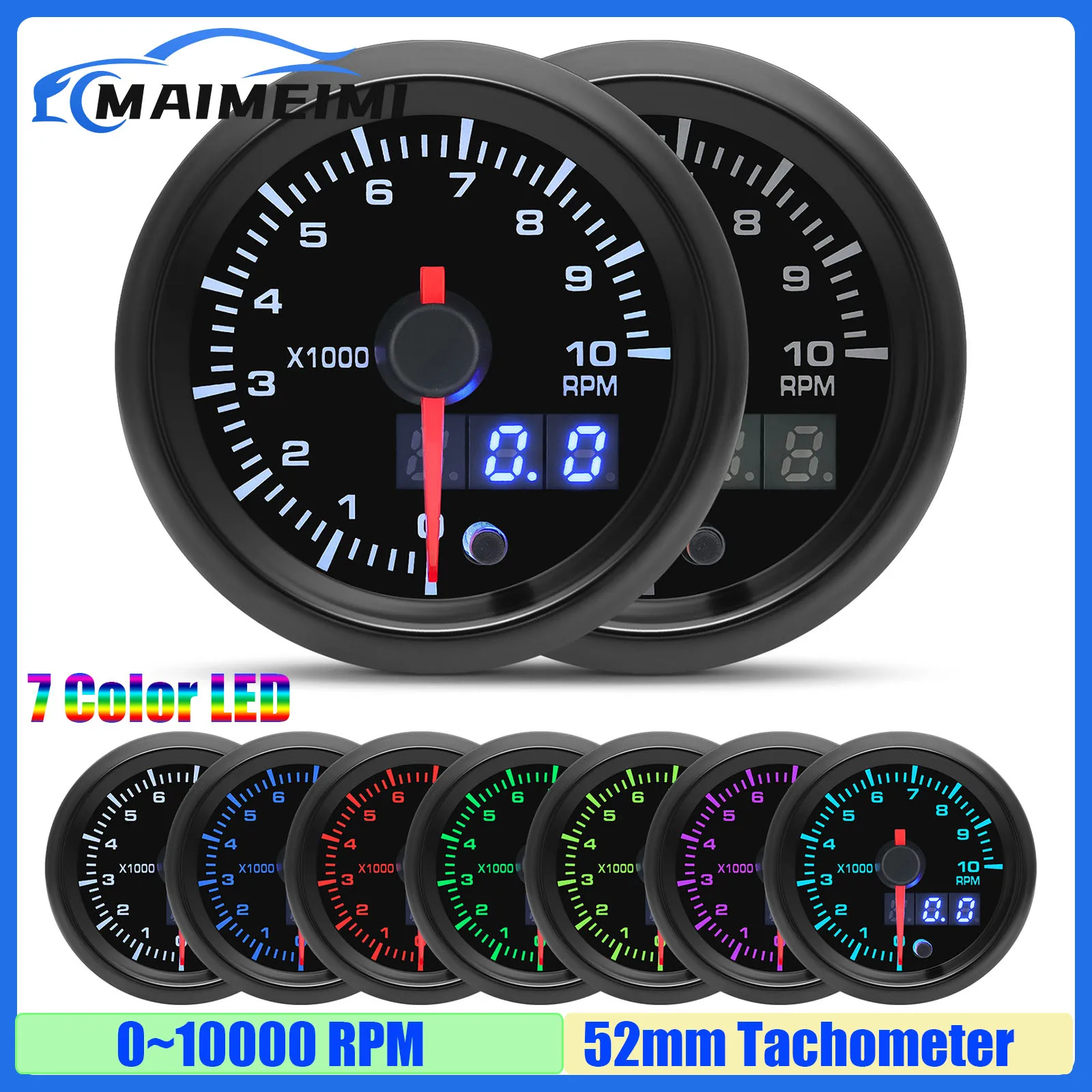 Цифровой тахометр 0 ~ 10000 об/мин 7 цветов 2 дюйма 52 мм для 1-8 цилиндров бензинового